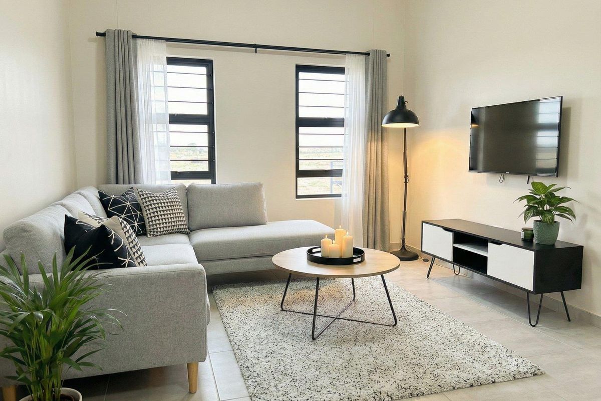 A bright and modern living room featuring neutral tiled flooring and large aluminium-framed windows that provide ample natural light.