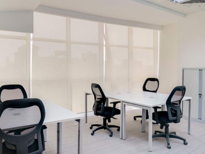 A bright, modern office space featuring large windows with roller blinds, carpeted flooring, and built-in storage cabinetry.