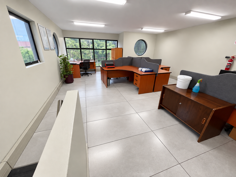 A bright, open-plan office space featuring large windows, circular accent windows, tiled flooring, and integrated fluorescent lighting.
