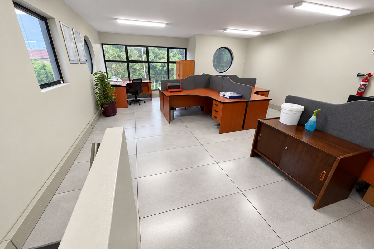 A bright, open-plan office space featuring large windows, circular accent windows, tiled flooring, and integrated fluorescent lighting.