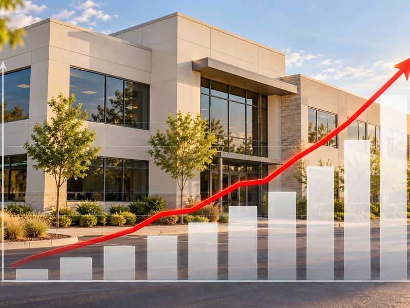 Modern commercial office building exterior featuring large glass windows and professional landscaping, presented with a superimposed growth chart graphic.