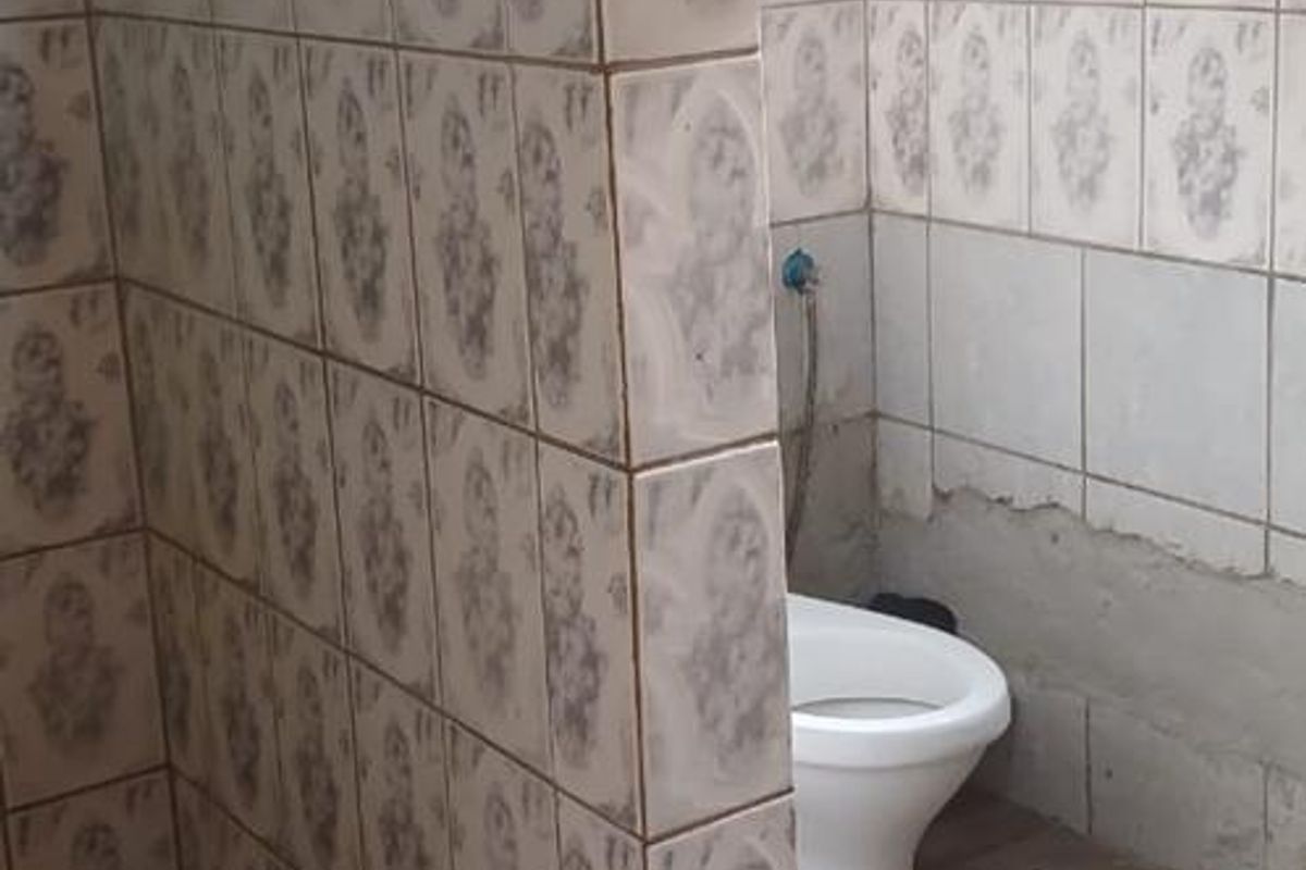 A bathroom featuring a tiled shower enclosure and toilet, currently showing significant wear with missing wall tiles and damaged finishes requiring renovation.