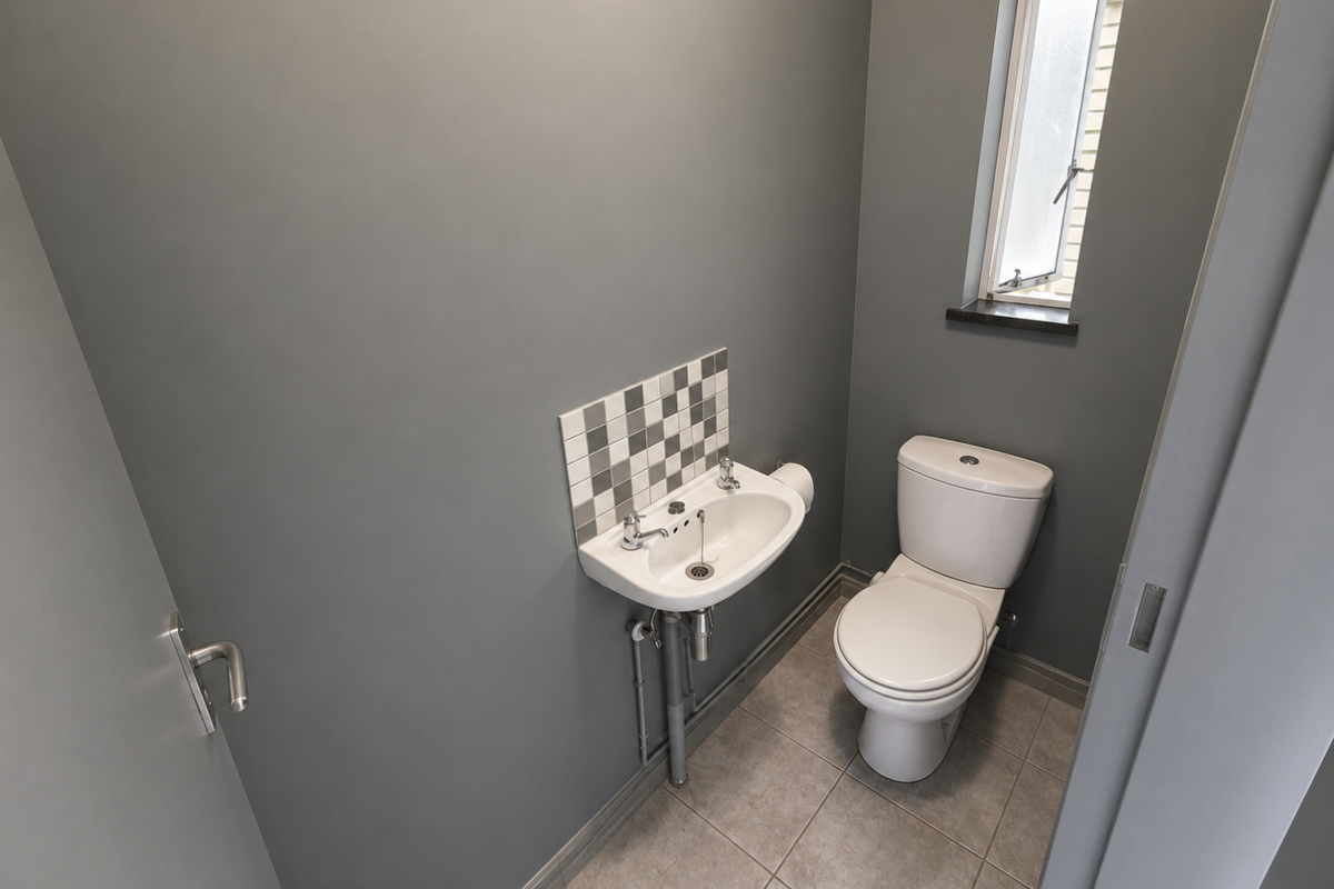 A clean and modern guest cloakroom featuring a wall-mounted basin with tiled splashback, toilet, and neutral grey wall finishes.