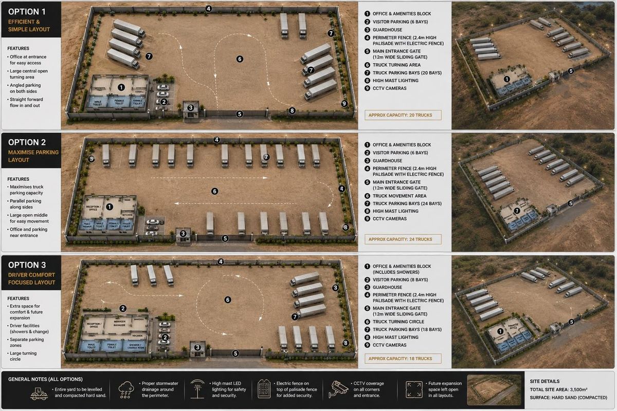 A comprehensive site development plan for a commercial truck yard, showcasing three layout options with office, parking, and security infrastructure details.