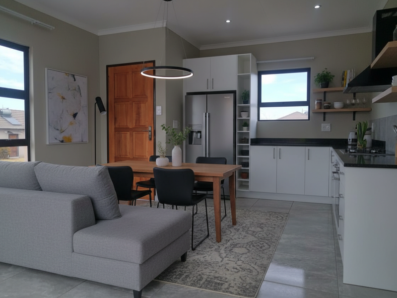 Modern open-plan living and kitchen area featuring sleek white cabinetry, granite countertops, integrated appliances, and contemporary lighting fixtures with neutral tiled flooring.