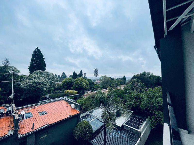 Elevated view overlooking the surrounding neighborhood, featuring mature trees, residential rooftops, and solar panel installations.