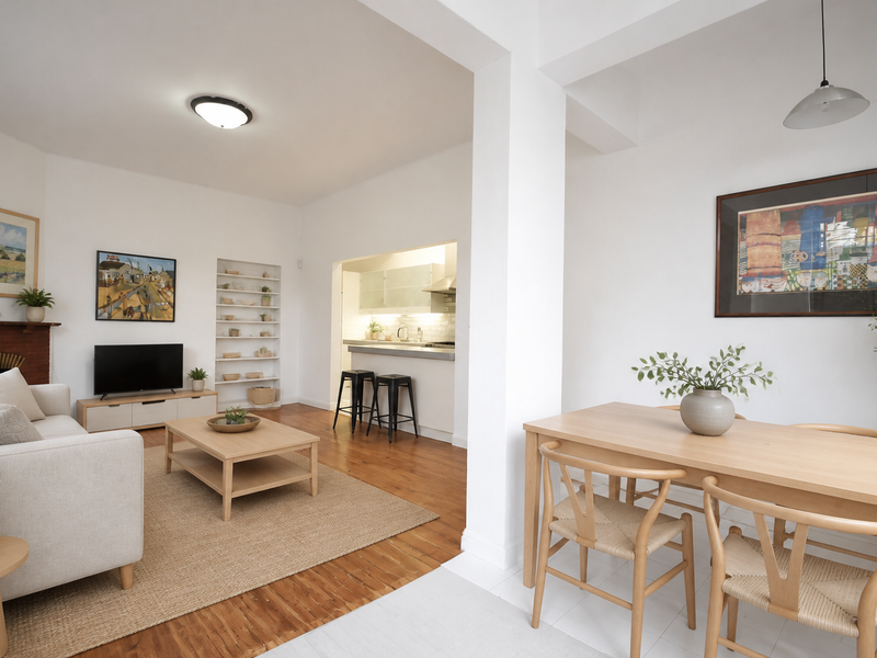 Bright open-plan living and dining area featuring hardwood floors, a fireplace mantel, built-in shelving, and a functional kitchen with modern cabinetry.