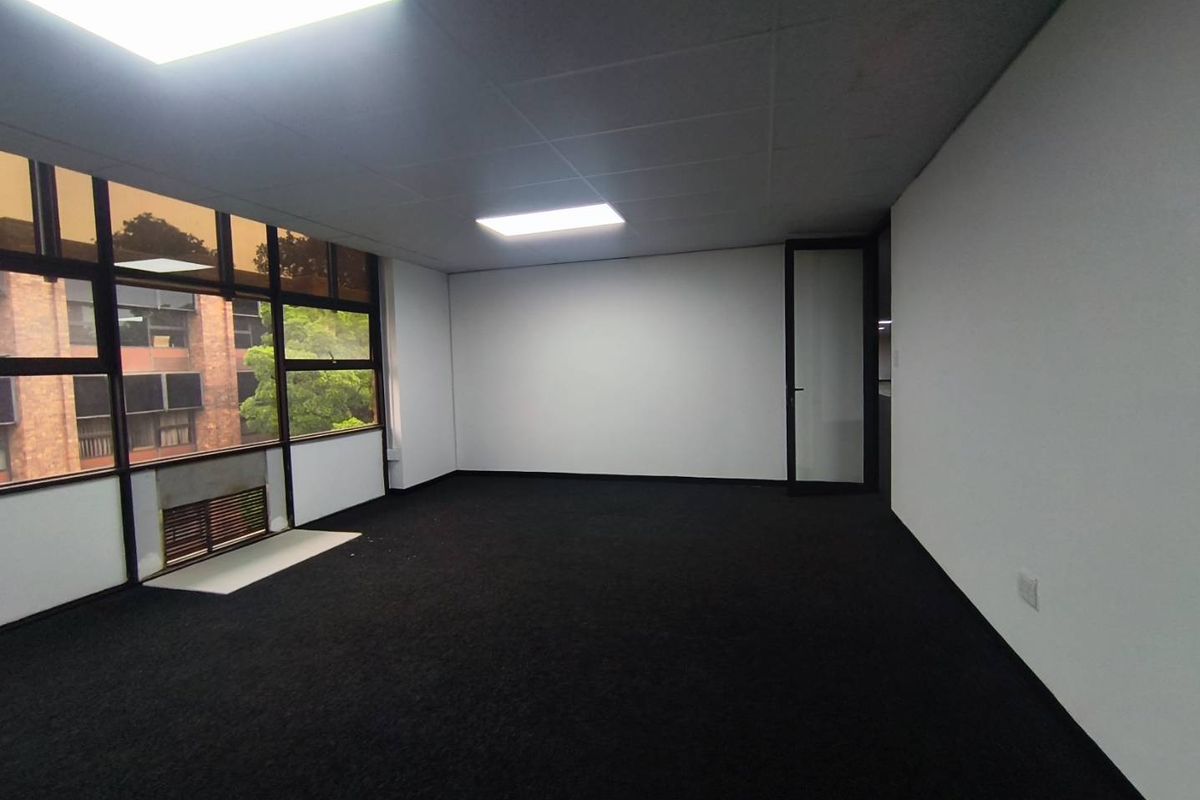 A bright, vacant office space featuring dark carpeting, a suspended ceiling with recessed lighting, and large windows providing natural light.