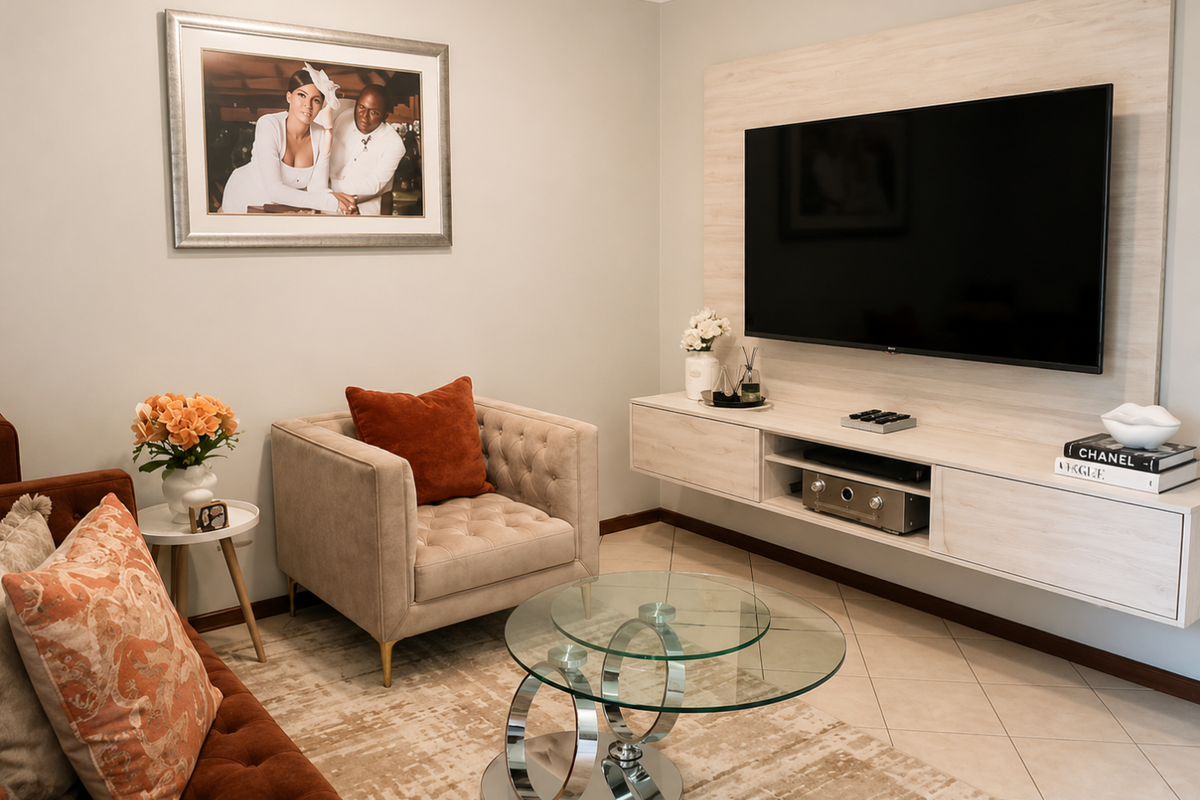 A well-maintained living room featuring a modern wall-mounted media console and neutral tiled flooring, creating a clean and contemporary living space.