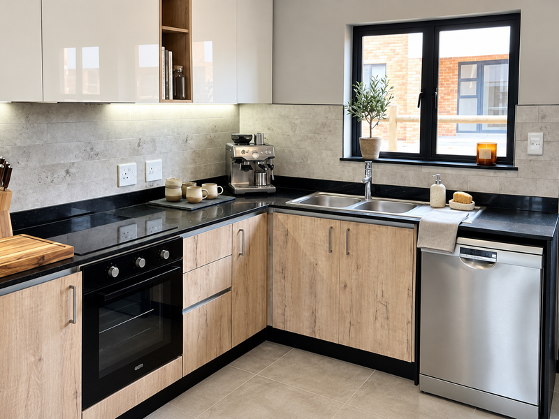 Modern kitchen featuring wood-grain cabinetry, sleek black stone countertops, integrated appliances, and a tiled backsplash with under-cabinet lighting.