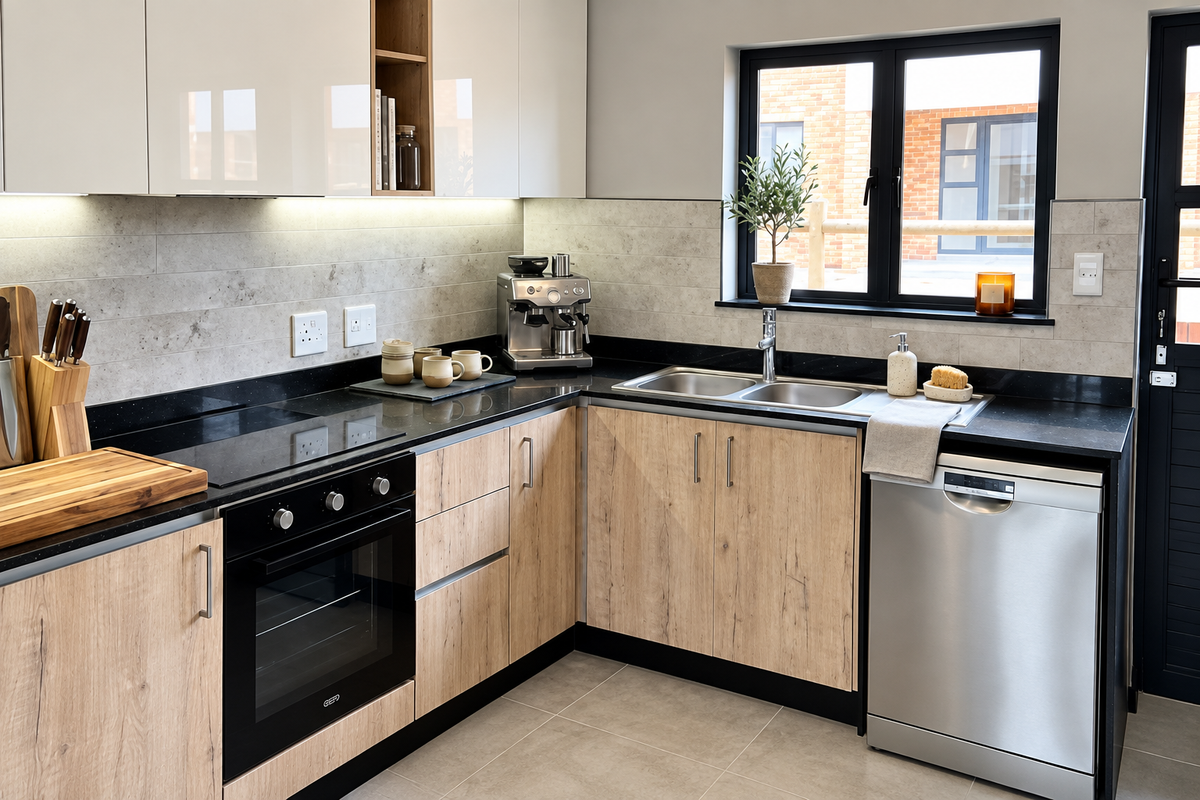 Modern kitchen featuring wood-grain cabinetry, sleek black stone countertops, integrated appliances, and a tiled backsplash with under-cabinet lighting.