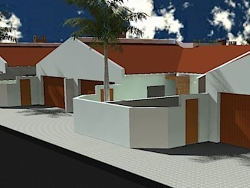 A 3D architectural rendering showing the front elevation and street-facing facade of a townhouse complex.