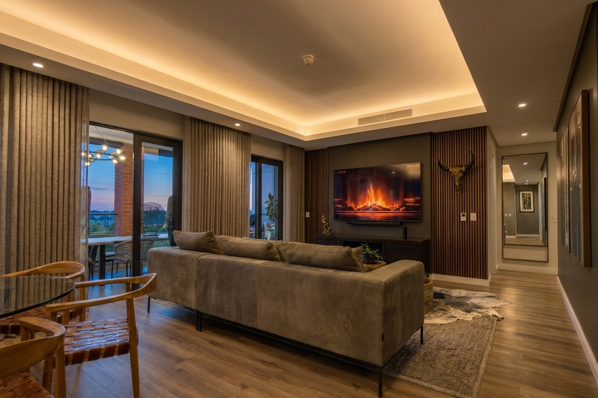 Modern living room featuring warm cove lighting, timber slat feature wall, and large sliding glass doors leading to an outdoor balcony area.