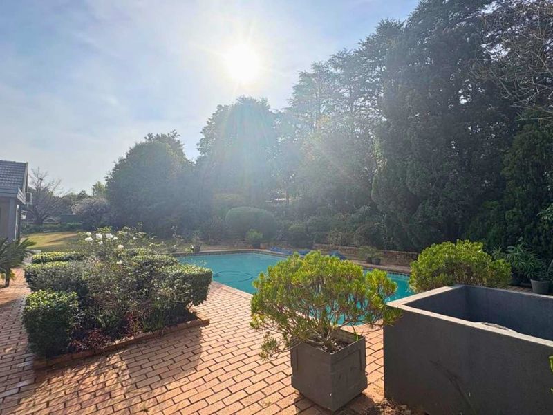 A spacious outdoor pool area featuring brick paving, established garden landscaping, and a swimming pool set within a private backyard.