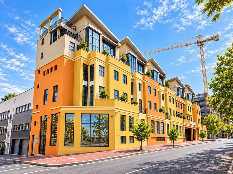 A vibrant, multi-story penthouse building facade featuring modern architectural design, large windows, and private balconies overlooking the street.