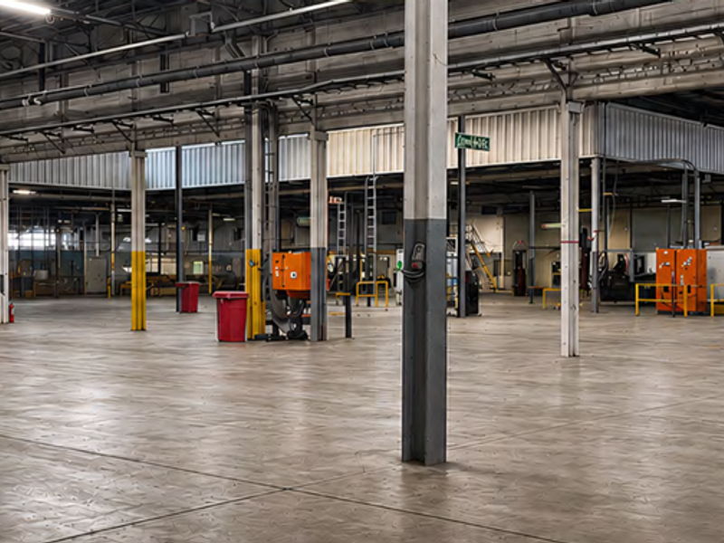Expansive industrial warehouse space featuring high ceilings, exposed structural steel beams, concrete flooring, and integrated overhead lighting systems.