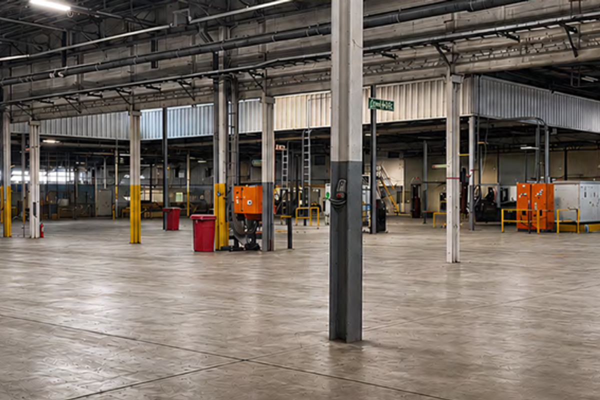 Expansive industrial warehouse space featuring high ceilings, exposed structural steel beams, concrete flooring, and integrated overhead lighting systems.
