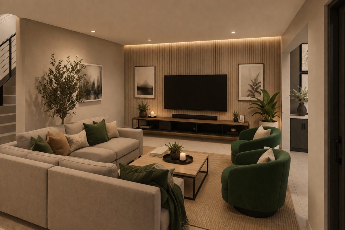 A modern, well-lit living room featuring elegant slatted timber wall paneling, recessed lighting, and a staircase with a contemporary metal railing.