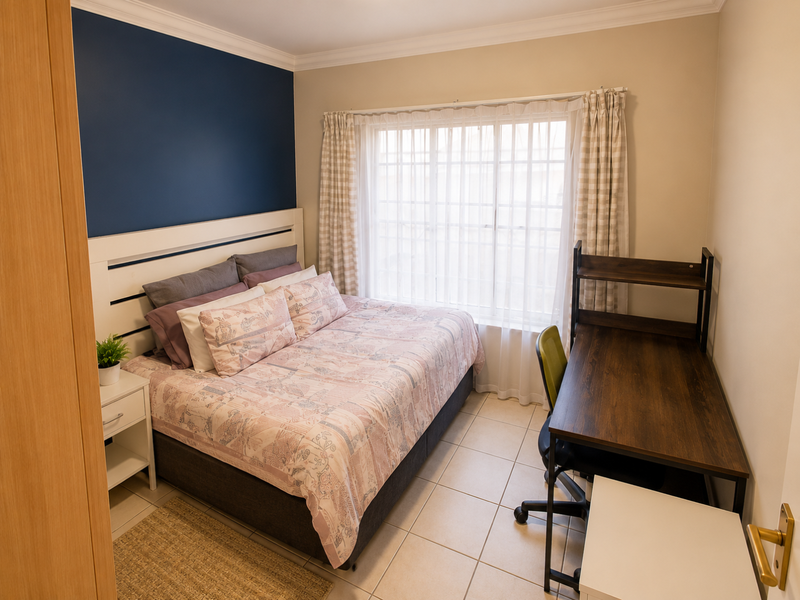 A well-maintained bedroom featuring tiled flooring, a blue accent wall, and a built-in headboard, offering a functional and comfortable living space.