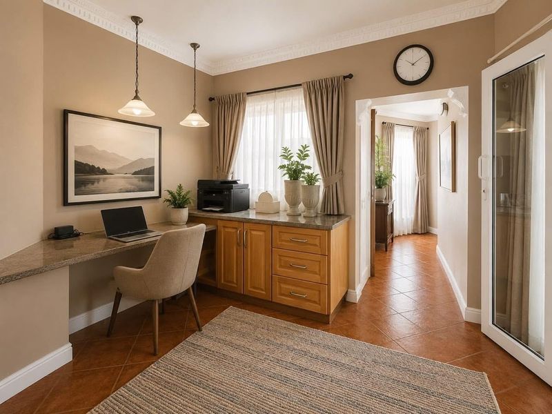 A well-maintained home office featuring built-in wooden cabinetry, granite countertops, crown molding, and tiled flooring, providing a functional workspace.