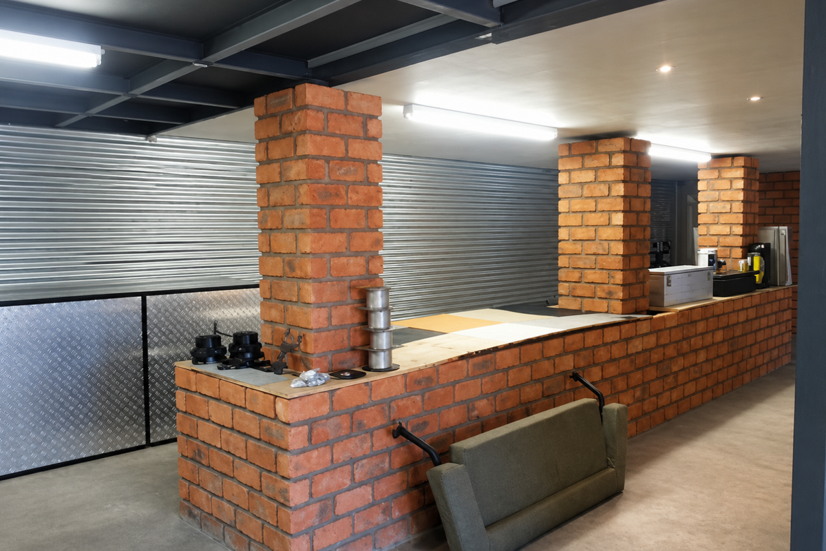 Industrial utility space featuring exposed steel beams, brick columns, corrugated metal wall cladding, and durable concrete flooring with integrated strip lighting.