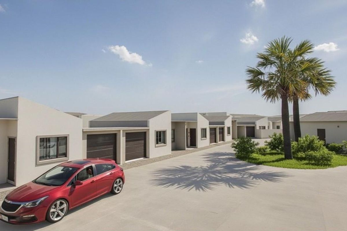 A view of the townhouse complex exterior featuring a concrete driveway, multiple garage doors, and well-maintained landscaped garden areas with palm trees.
