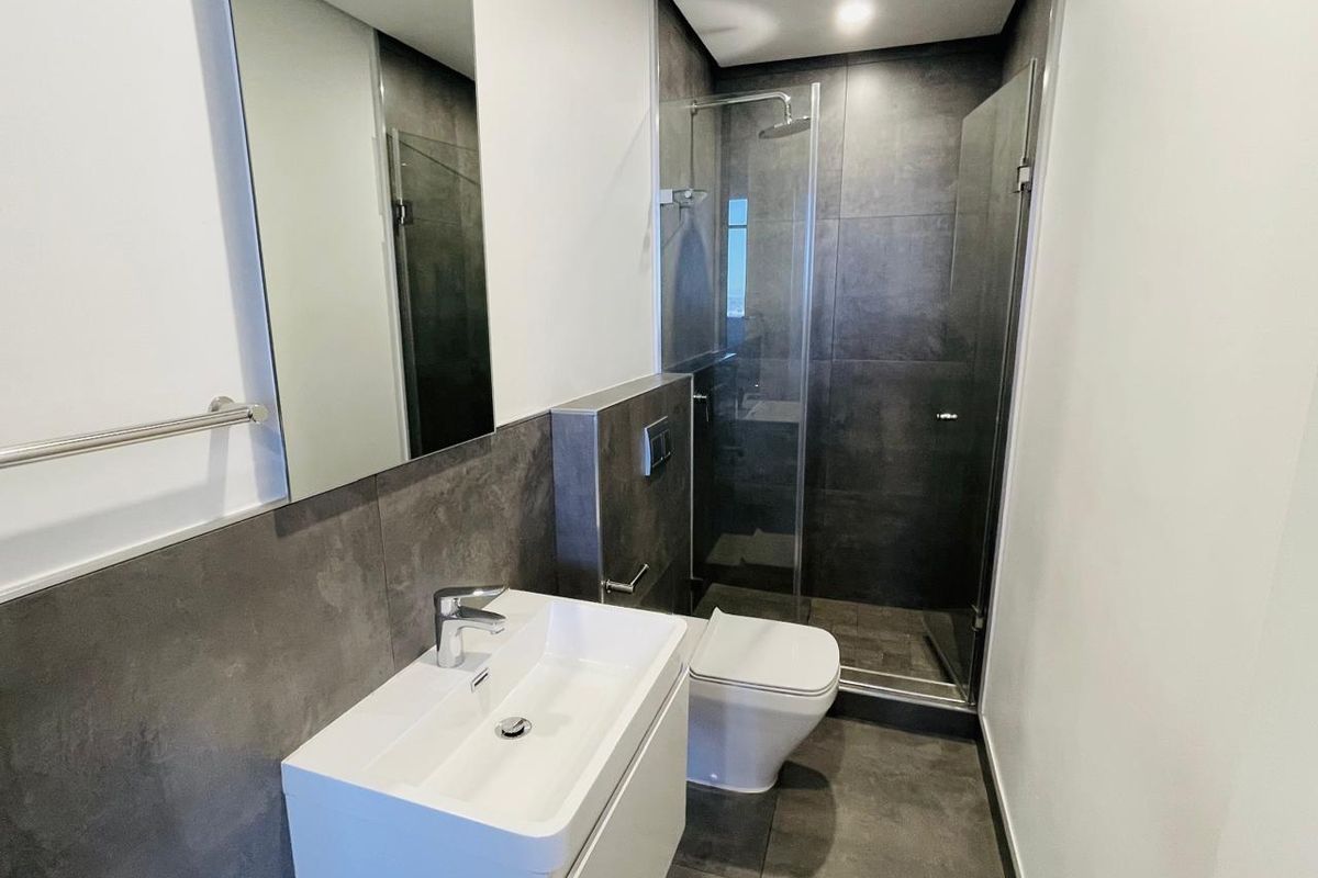 Modern bathroom featuring a wall-mounted vanity, concealed cistern toilet, and a glass-enclosed shower with contemporary dark grey tiling.