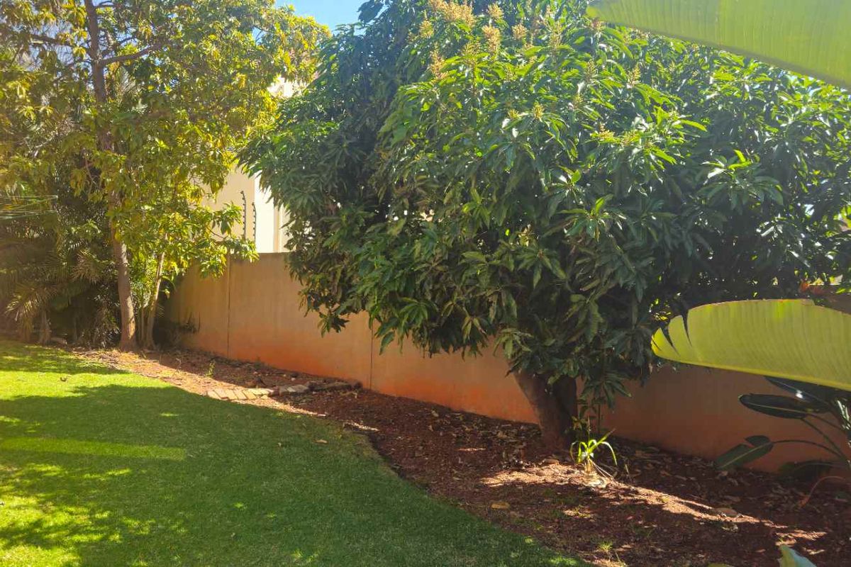 A private rear garden area featuring a lawn, mature trees, and a perimeter boundary wall.