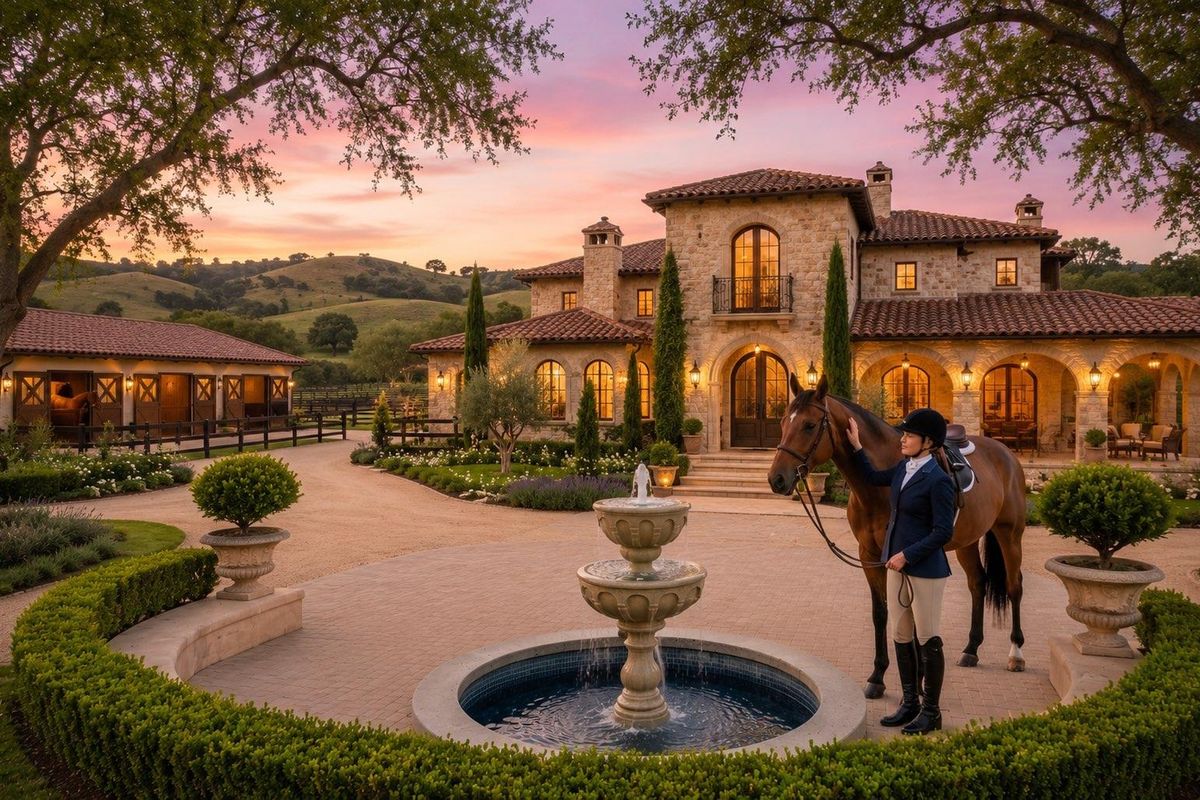 Stunning luxury small holding featuring a stone-clad main residence, matching stables, a central fountain, and beautifully landscaped grounds at sunset.