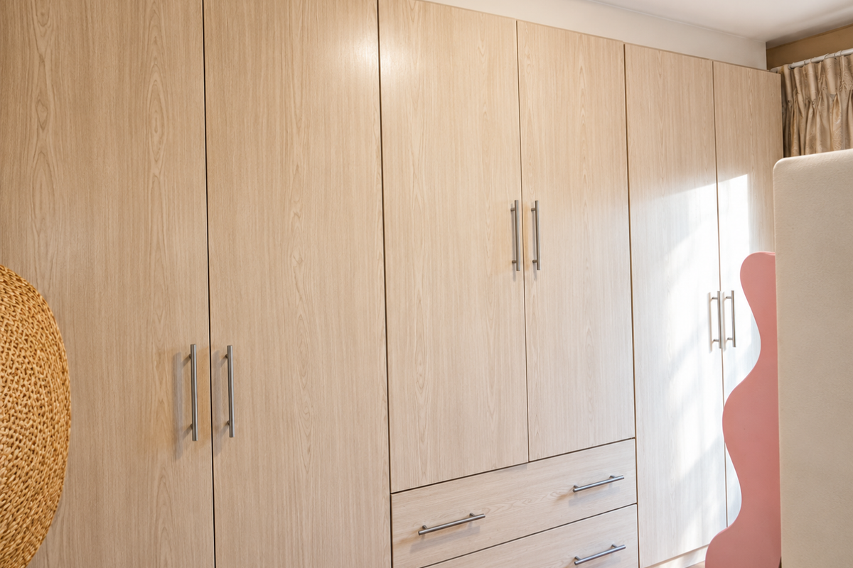 A bedroom featuring extensive light wood-grain built-in cabinetry with integrated storage drawers and modern metal handles.