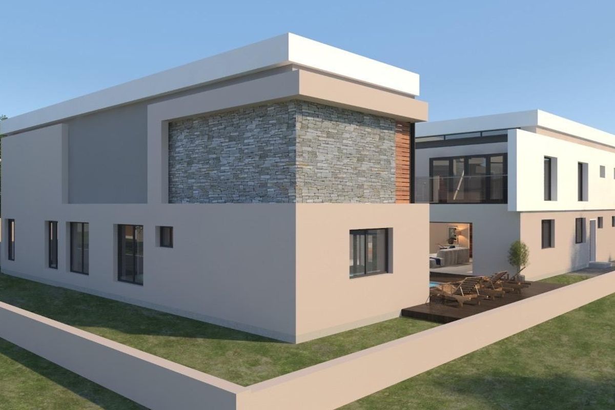A modern architectural rendering of a contemporary two-story house featuring stone cladding, clean lines, and a private rear patio area.