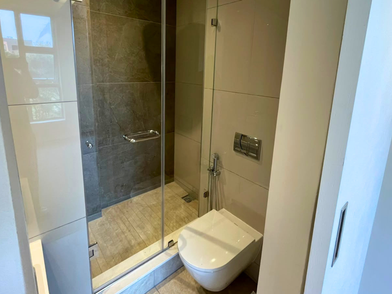 Modern bathroom featuring a wall-mounted toilet, bidet spray, and a glass-enclosed shower with contemporary tiled finishes.
