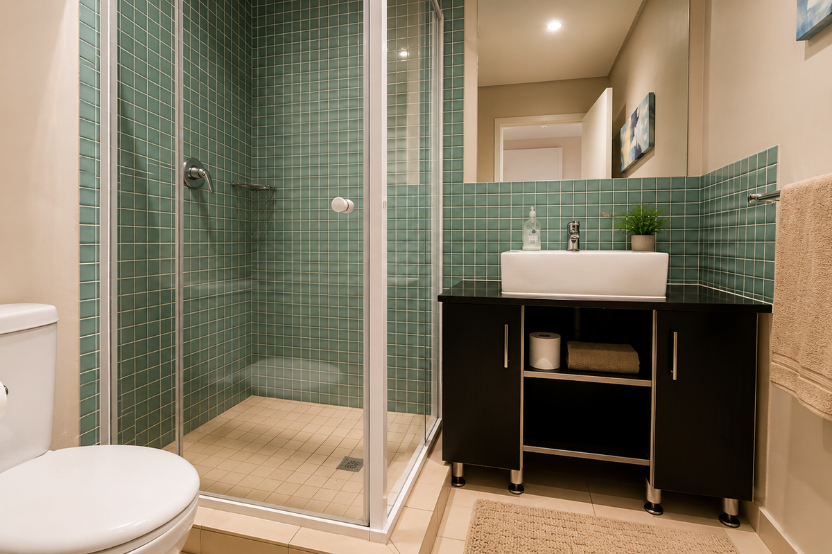 A well-maintained bathroom featuring a glass-enclosed shower, a modern vessel sink with a dark vanity cabinet, and green mosaic wall tiling.