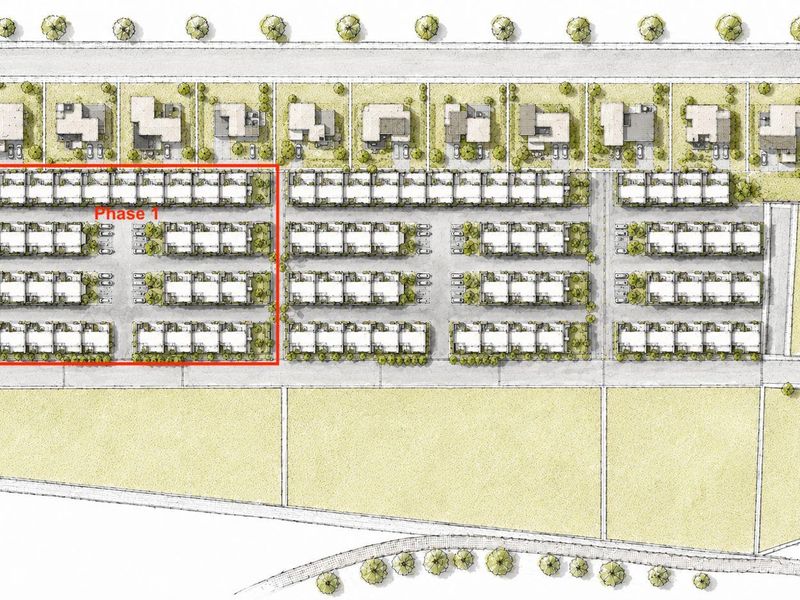 An architectural site plan illustrating the layout of the townhouse development, highlighting Phase 1 within the residential estate.