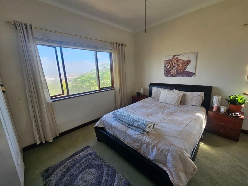 A bedroom featuring carpeted flooring, a large window with natural light, and a ceiling fan.