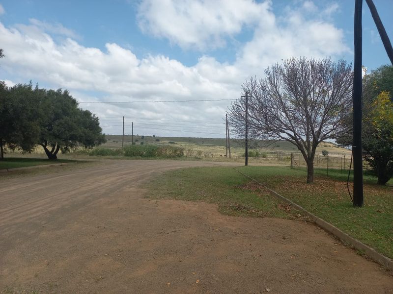 A view of an unpaved road and surrounding landscape, featuring utility poles and open rural terrain under a cloudy sky.