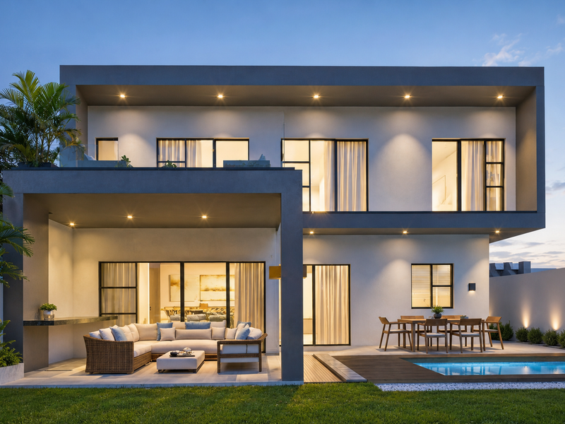 Modern double-story rear elevation featuring a covered patio, swimming pool, integrated lighting, and seamless indoor-outdoor flow through large sliding glass doors.