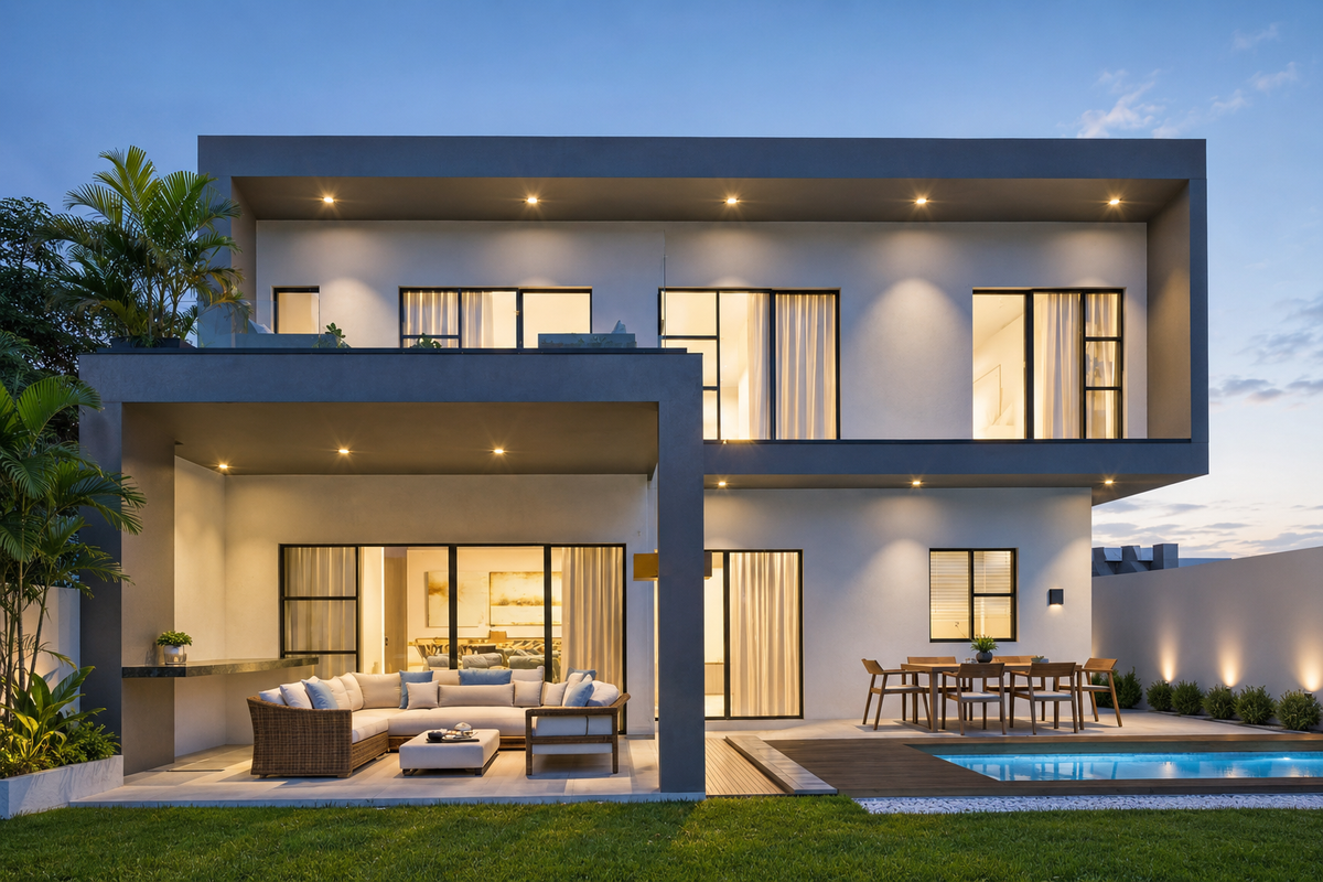 Modern double-story rear elevation featuring a covered patio, swimming pool, integrated lighting, and seamless indoor-outdoor flow through large sliding glass doors.