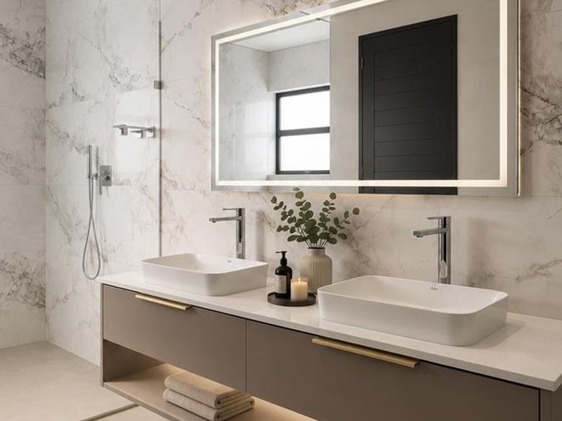 Modern luxury bathroom featuring a floating double vanity with vessel sinks, LED backlit mirror, and a spacious walk-in shower with marble-look wall tiling.