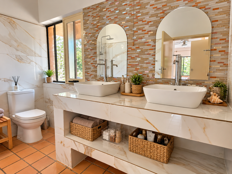 Modern bathroom featuring a double vanity with vessel sinks, marble-look tiled walls, mosaic backsplash, and a clean, contemporary layout.