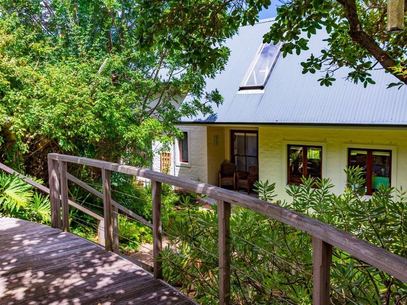 A charming rear exterior view featuring a timber deck, lush garden surroundings, and a pitched roof with a skylight.
