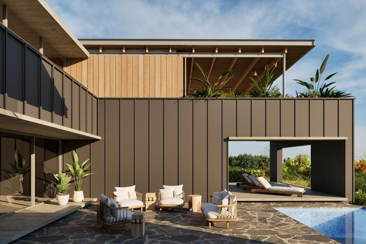 Modern architectural pool area featuring stone paving, timber accents, and a sleek metal facade, creating a sophisticated outdoor living space.