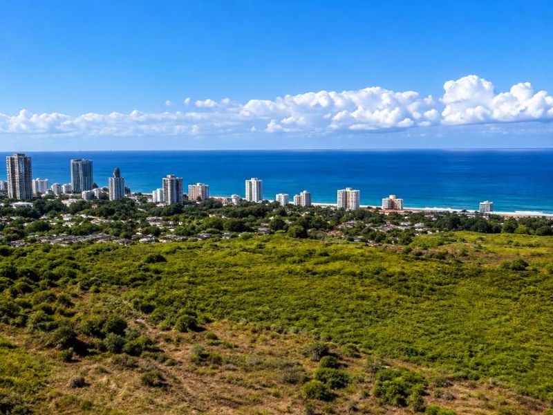 An elevated aerial view showcasing the coastal landscape, surrounding greenery, and distant city skyline along the oceanfront.