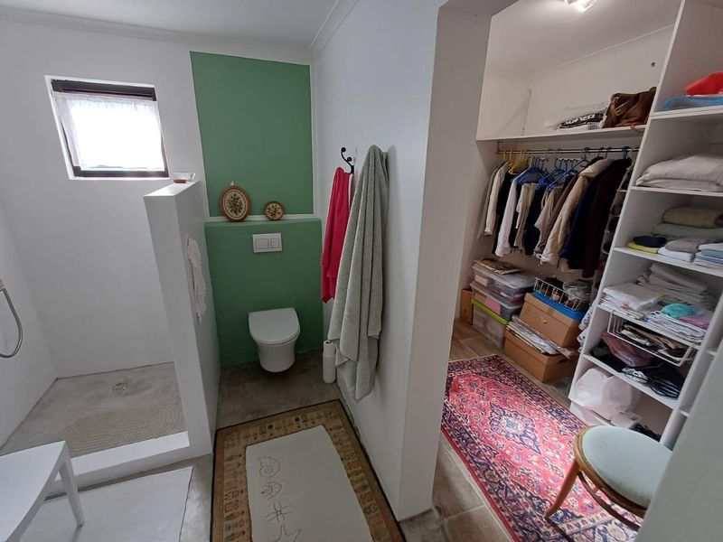 A functional bathroom featuring a walk-in shower, wall-hung toilet with concealed cistern, and an integrated walk-in closet area with built-in shelving.