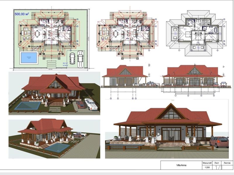 Architectural floor plan and 3D exterior renderings for Villa Anna, showcasing the layout, roof structure, and outdoor pool area.