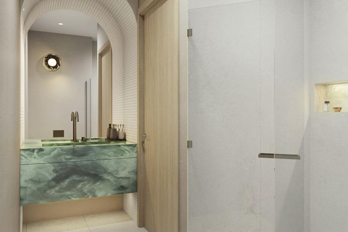 Modern bathroom featuring a green marble floating vanity, arched alcove, glass-enclosed walk-in shower, and recessed wall niche with integrated lighting.