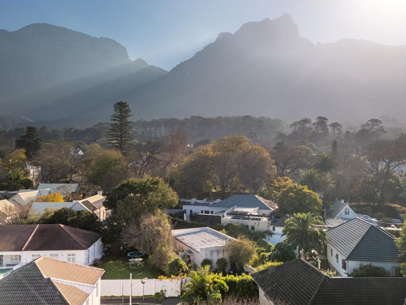An elevated aerial view showcasing the surrounding residential neighbourhood with lush greenery and a prominent mountain backdrop.