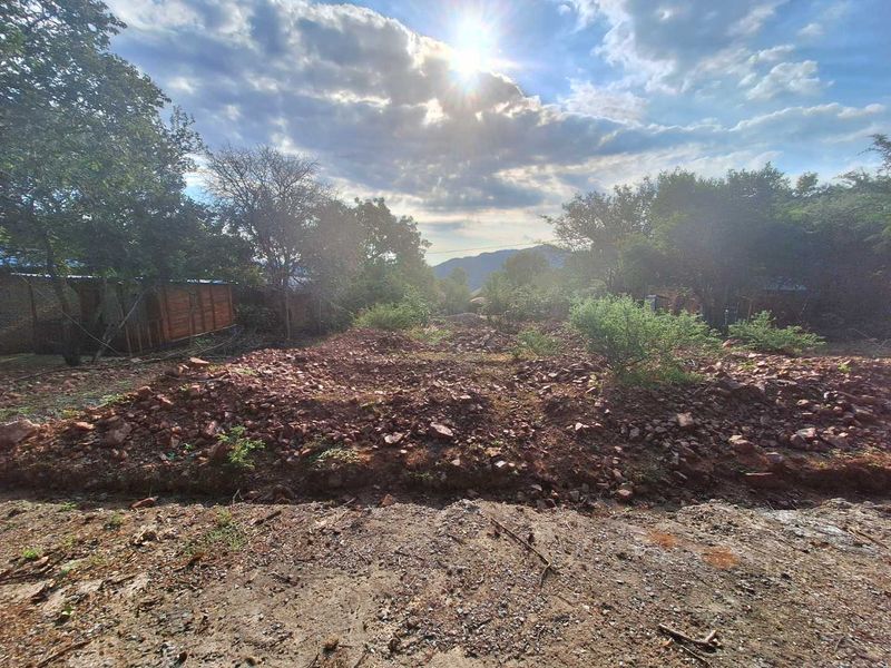 A view of a vacant residential plot featuring natural vegetation, mature trees, and uneven terrain with piles of excavated rock and soil.