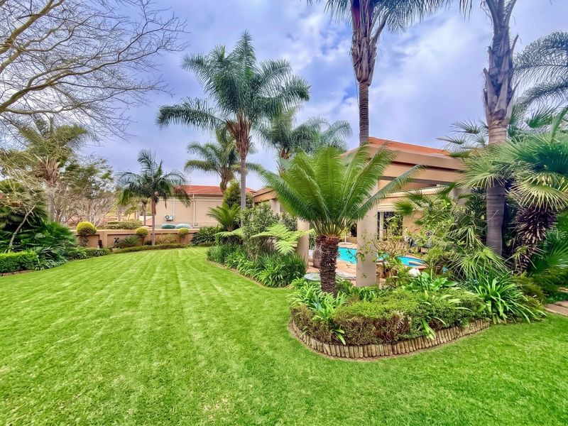 A well-maintained landscaped garden featuring a lush green lawn, mature palm trees, and a swimming pool area with a covered patio.