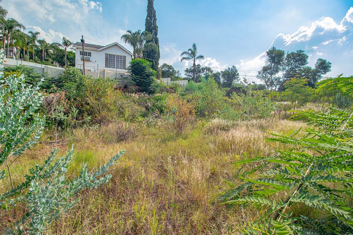 A view of a vacant residential plot featuring natural vegetation and sloping terrain, with neighboring properties visible in the background.